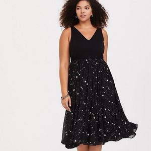 Torrid Black Star Ponte Chiffon Midi Dress